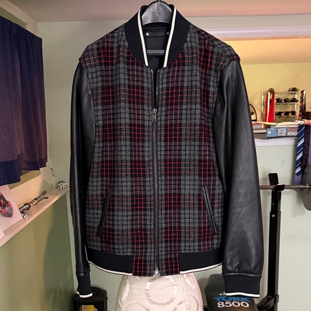 Coach Men's wool Plaid Bomber Jacket with Leather Sleeves